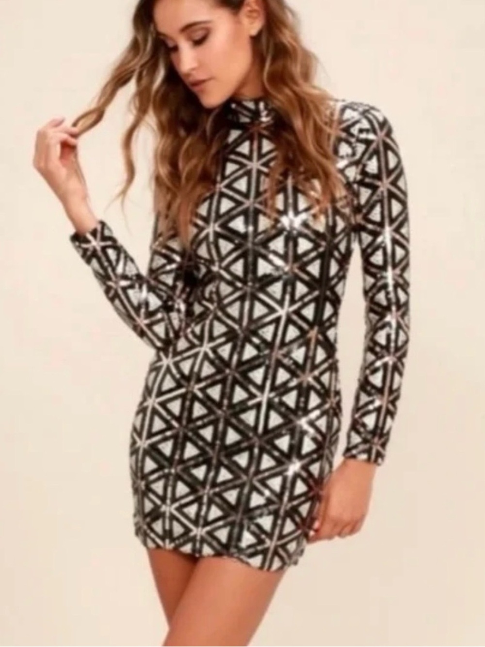 Lulu's Black & White Geometric Sequin Long-Sleeve Mini Dress